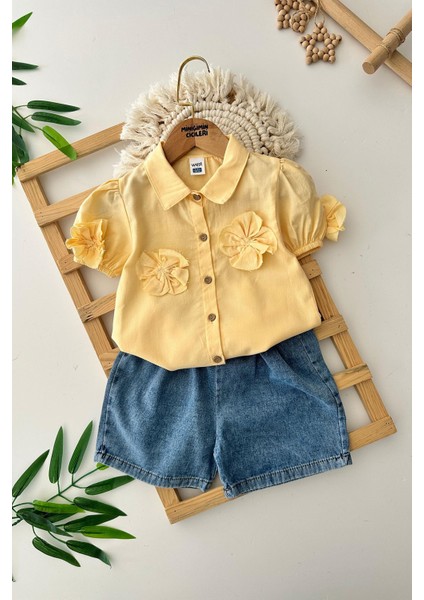 Gül Detaylı Pamuk Gömlekli Kot Şortlu Kız çocuk takım - Sarı