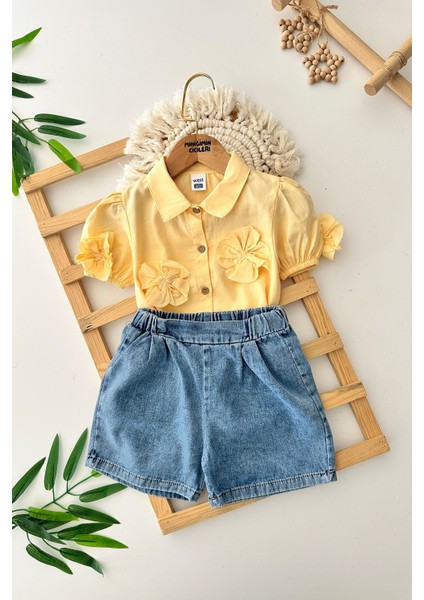 Gül Detaylı Pamuk Gömlekli Kot Şortlu Kız çocuk takım - Sarı fiyatları