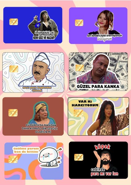 8 Adet Eğlenceli Kart Kaplama Stickeri Papara, Tosla, Kredi/banka Kartı Için Uyumlu Etiket Set1