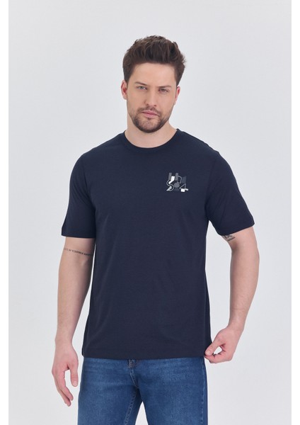 Basic Erkek T-Shirt Lacivert Kısa Kollu Erkek Tişort Nakış Detaylı fırsatları