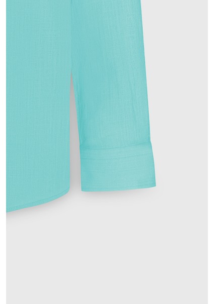 Erkek Turkuaz Comfort Fit Rahat Kesim Gizli Düğme Yaka %100 Pamuk Flamlı Gömlek