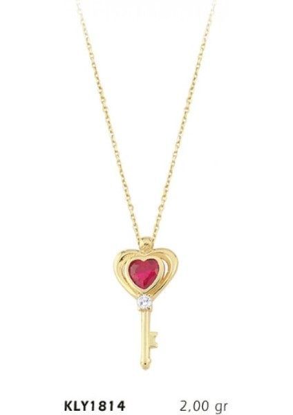 14 Ayar Altın Kalpli Tektaş Anahtar Kolye KLY1814