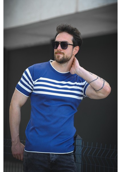 Liam Çizgili Likralı Slim Fit Bisiklet Yaka Örme Erkek Triko Tshirt