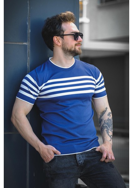 Liam Çizgili Likralı Slim Fit Bisiklet Yaka Örme Erkek Triko Tshirt fiyatları