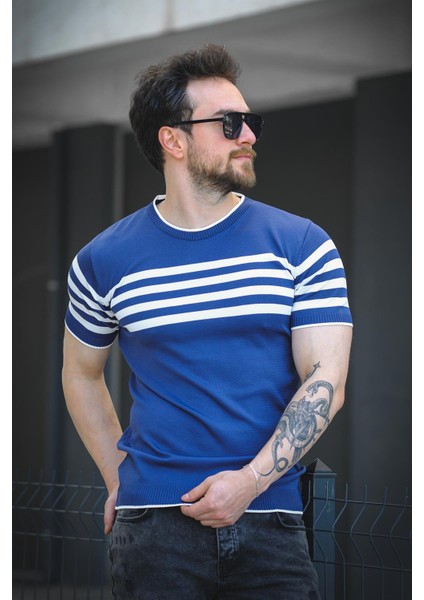 Liam Çizgili Likralı Slim Fit Bisiklet Yaka Örme Erkek Triko Tshirt modelleri