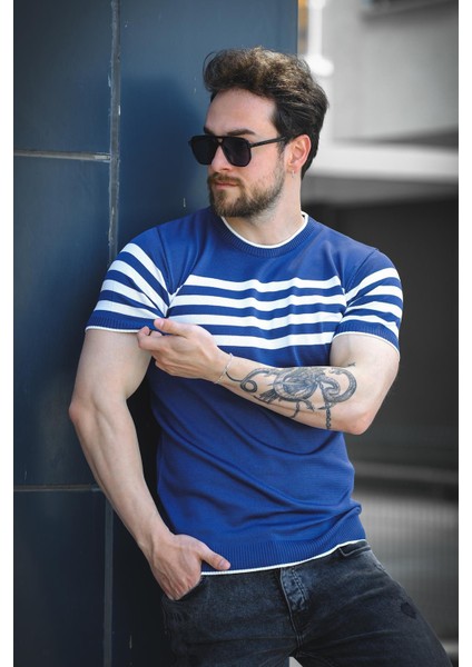 Liam Çizgili Likralı Slim Fit Bisiklet Yaka Örme Erkek Triko Tshirt fırsatları