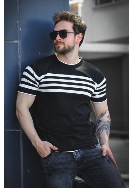 Liam Çizgili Likralı Slim Fit Bisiklet Yaka Örme Erkek Triko Tshirt