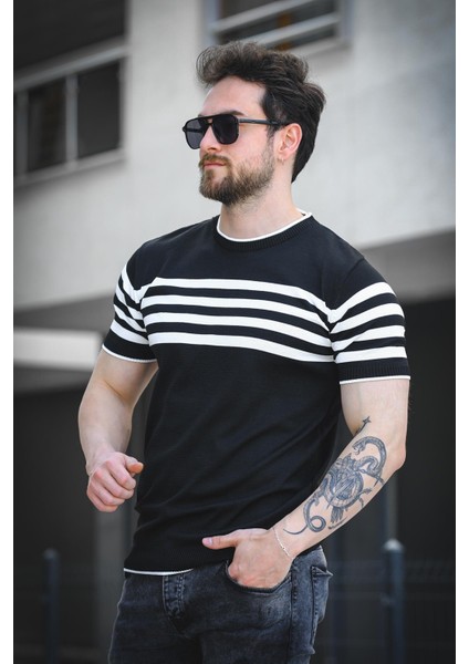Liam Çizgili Likralı Slim Fit Bisiklet Yaka Örme Erkek Triko Tshirt fiyatları