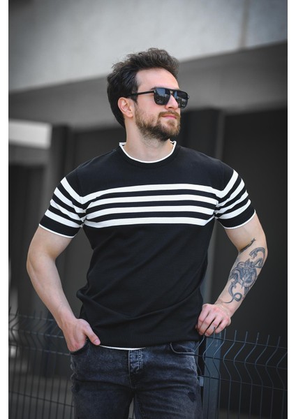 Liam Çizgili Likralı Slim Fit Bisiklet Yaka Örme Erkek Triko Tshirt modelleri