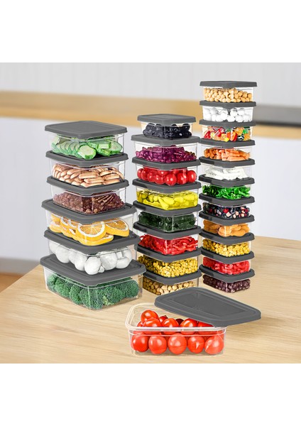 26'lı Dikdörtgen Erzak Saklama Kabı Seti - Mikrodalgaya Uygun Düzenleyici Organizer Erzak Kabı Gri