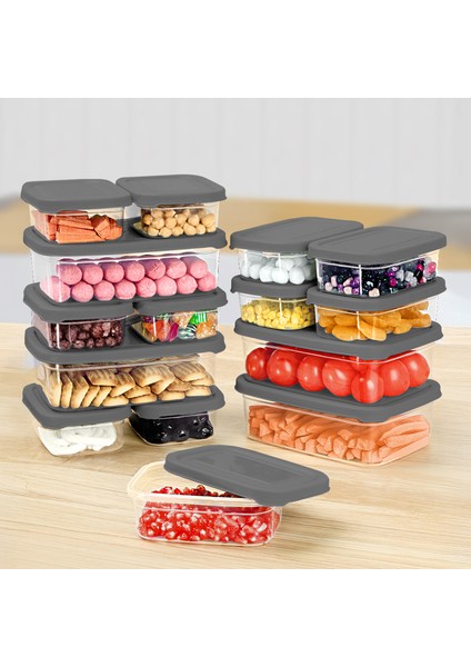 15'li Dikdörtgen Erzak Saklama Kabı Seti - Mikrodalgaya Uygun Düzenleyici Organizer Erzak Kabı Gri