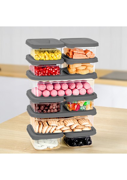 10'lu Dikdörtgen Erzak Saklama Kabı Seti - Mikrodalgaya Uygun Düzenleyici Organizer Erzak Kabı Gri