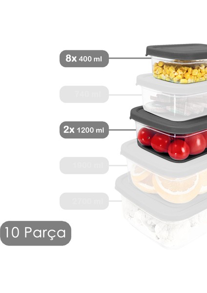 10'lu Dikdörtgen Erzak Saklama Kabı Seti - Mikrodalgaya Uygun Düzenleyici Organizer Erzak Kabı Gri fiyatları