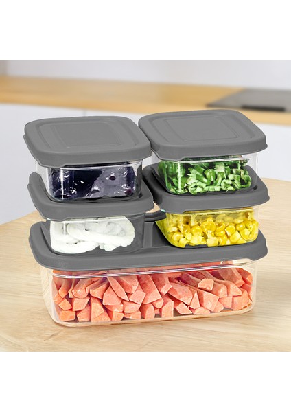 5'li Dikdörtgen Erzak Saklama Kabı Seti - Mikrodalgaya Uygun Düzenleyici Organizer Erzak Kabı Gri