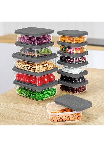 12'li Dikdörtgen Erzak Saklama Kabı Seti - Mikrodalgaya Uygun Düzenleyici Organizer Erzak Kabı Gri