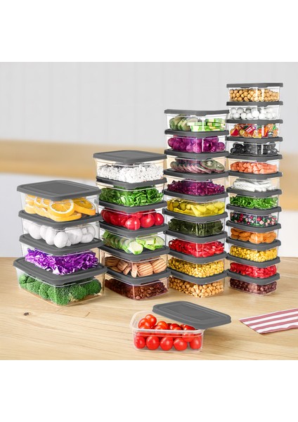 32'li Dikdörtgen Erzak Saklama Kabı Seti - Mikrodalgaya Uygun Düzenleyici Organizer Erzak Kabı Gri