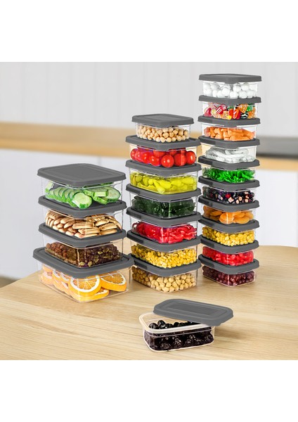 22'li Dikdörtgen Erzak Saklama Kabı Seti - Mikrodalgaya Uygun Düzenleyici Organizer Erzak Kabı Gri