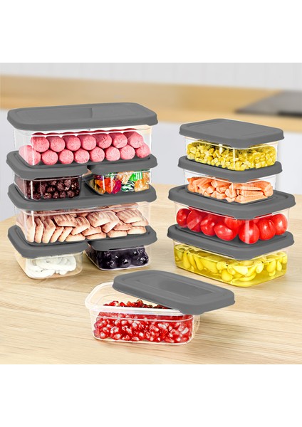 11'li Dikdörtgen Erzak Saklama Kabı Seti - Mikrodalgaya Uygun Düzenleyici Organizer Erzak Kabı Gri