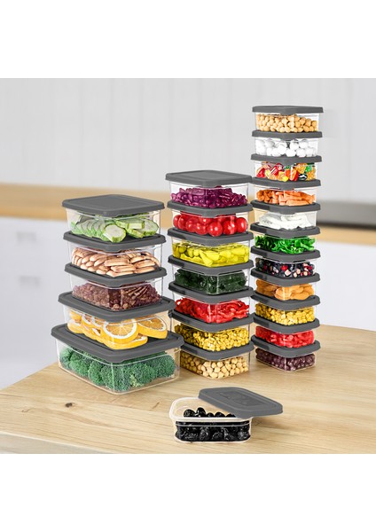 24'lü Dikdörtgen Erzak Saklama Kabı Seti - Mikrodalgaya Uygun Düzenleyici Organizer Erzak Kabı Gri