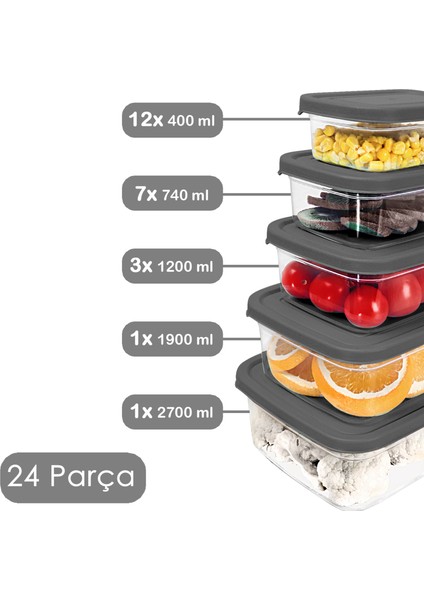 24'lü Dikdörtgen Erzak Saklama Kabı Seti - Mikrodalgaya Uygun Düzenleyici Organizer Erzak Kabı Gri fiyatları