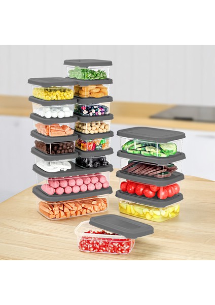 18'li Dikdörtgen Erzak Saklama Kabı Seti - Mikrodalgaya Uygun Düzenleyici Organizer Erzak Kabı Gri