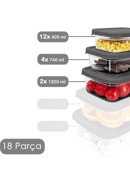 18'li Dikdörtgen Erzak Saklama Kabı Seti - Mikrodalgaya Uygun Düzenleyici Organizer Erzak Kabı Gri fiyatları