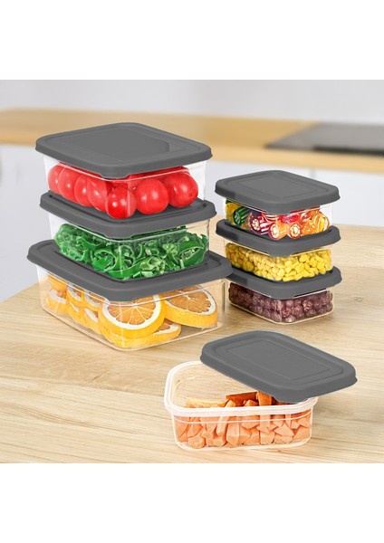 7'li Dikdörtgen Erzak Saklama Kabı Seti - Mikrodalgaya Uygun Düzenleyici Organizer Erzak Kabı Gri