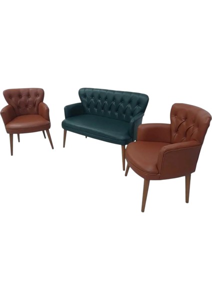 Yeşil Tarçın Haki Taba Kahve Renk Deri Ahşap Ayaklı Kollu Ofis Koltuk Takımı Bekleme Büro