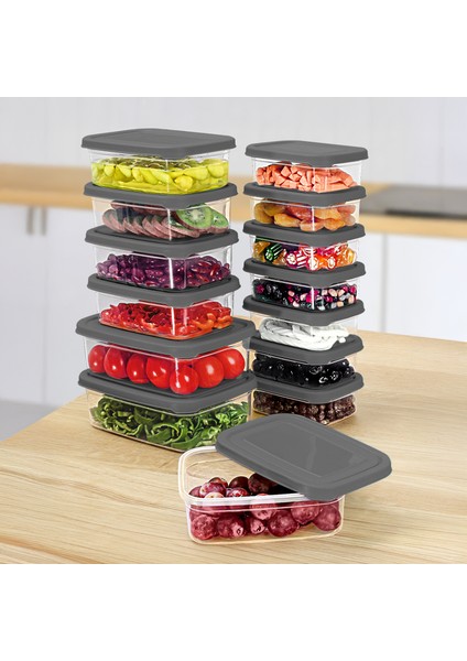 14'lü Dikdörtgen Erzak Saklama Kabı Seti - Mikrodalgaya Uygun Düzenleyici Organizer Erzak Kabı Gri