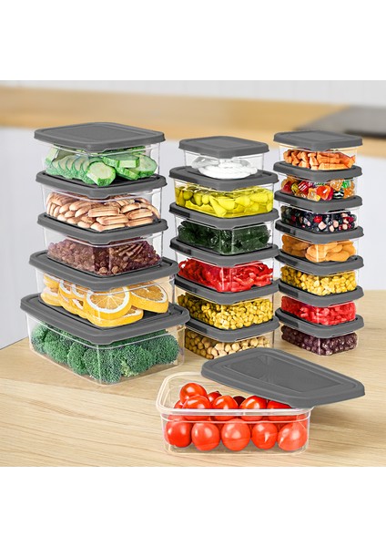 19'lu Dikdörtgen Erzak Saklama Kabı Seti - Mikrodalgaya Uygun Düzenleyici Organizer Erzak Kabı Gri
