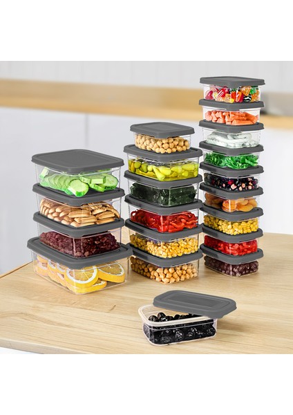 20'li Dikdörtgen Erzak Saklama Kabı Seti - Mikrodalgaya Uygun Düzenleyici Organizer Erzak Kabı Gri