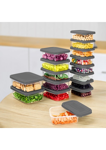 16'lı Dikdörtgen Erzak Saklama Kabı Seti - Mikrodalgaya Uygun Düzenleyici Organizer Erzak Kabı Gri