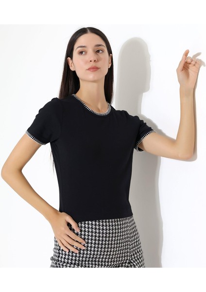 Kol Yaka El Işi Çoban Dikiş Detaylı Kadın Bluz T-Shirt
