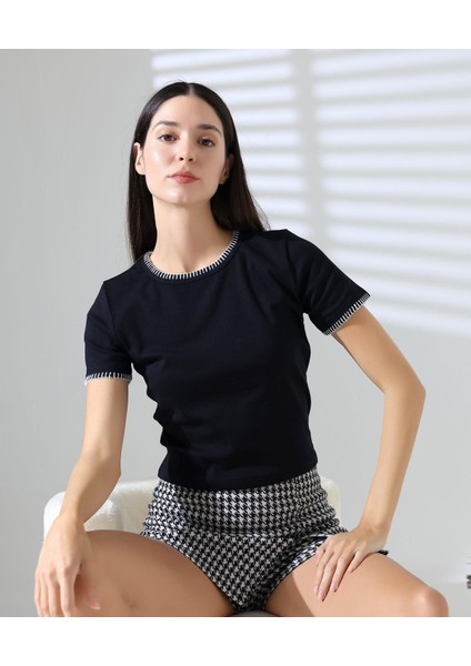 Kol Yaka El Işi Çoban Dikiş Detaylı Kadın Bluz T-Shirt