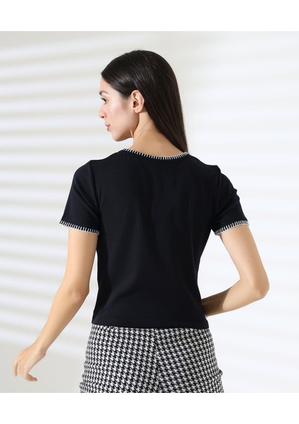 Kol Yaka El Işi Çoban Dikiş Detaylı Kadın Bluz T-Shirt