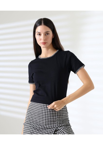 Kol Yaka El Işi Çoban Dikiş Detaylı Kadın Bluz T-Shirt