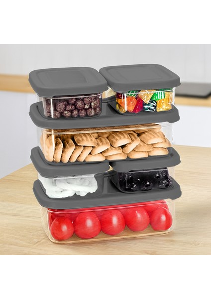 6'lı Dikdörtgen Erzak Saklama Kabı Seti - Mikrodalgaya Uygun Düzenleyici Organizer Erzak Kabı Gri