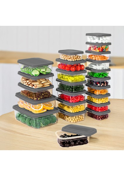 23'lü Dikdörtgen Erzak Saklama Kabı Seti - Mikrodalgaya Uygun Düzenleyici Organizer Erzak Kabı Gri