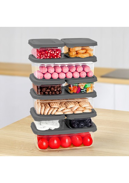 9'lu Dikdörtgen Erzak Saklama Kabı Seti - Mikrodalgaya Uygun Düzenleyici Organizer Erzak Kabı Gri