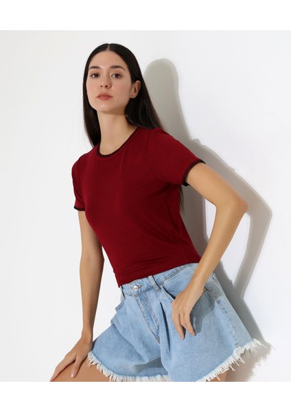 Kol Yaka El Işi Çoban Dikiş Detaylı Kadın Bluz T-Shirt