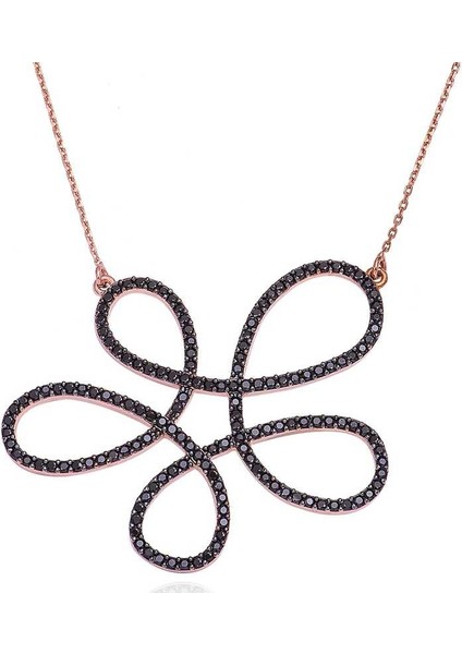 Gümüş Siyah Çiçek Bayan Kolye