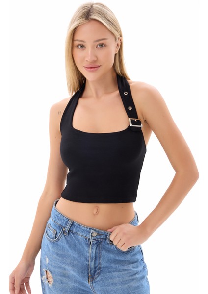 Kadın Siyah Boyundan Bağlamalı Kemer Detaylı Bluz Ayarlanabilir Crop fiyatları