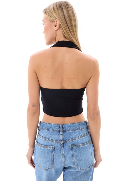 Kadın Siyah Boyundan Bağlamalı Kemer Detaylı Bluz Ayarlanabilir Crop modelleri