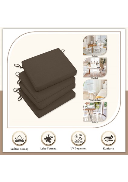 Canvas 4'lü Koyu Kahve Sıvı Geçirmez Leke Tutmaz Fermuarlı Bağcıklı Sandalye Minderi 40 x 40 cm