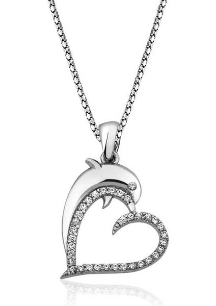 Gümüş Kalpli Yunus Balığı Bayan Kolye