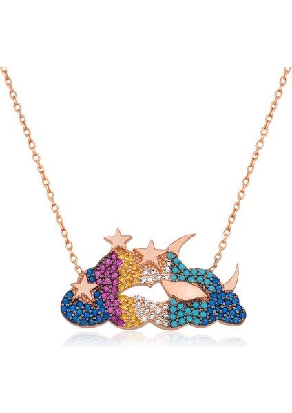 Gümüş Ay Yıldız Bulut Bayan Kolye