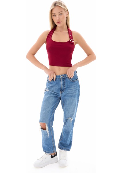 Kadın Bordo Boyundan Bağlamalı Kemer Detaylı Bluz Ayarlanabilir Crop fırsatları