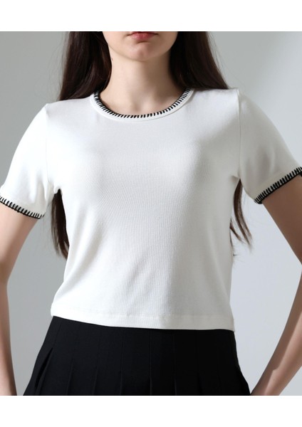 Kol Yaka El Işi Çoban Dikiş Detaylı Kadın Bluz T-Shirt