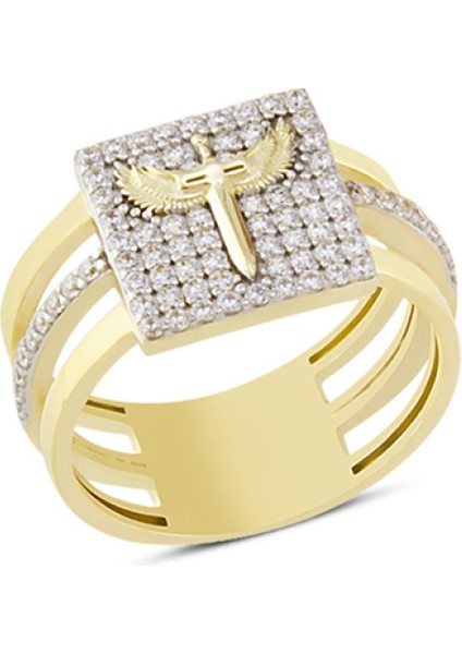 14 Ayar Altın Beyaz Taşlı Mikail Kılıcı Yüzük YZK075B