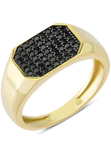 14 Ayar Altın Siyah Pave Taşlı Sekizgen Yüzük YZK073B